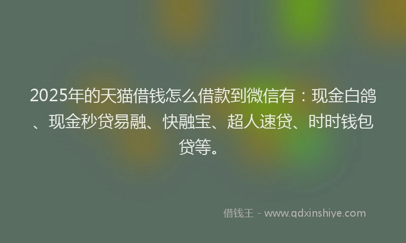 2025年的天猫借钱怎么借款到微信有：现金白鸽、现金秒贷易融、快融宝、超人速贷、时时钱包贷等。