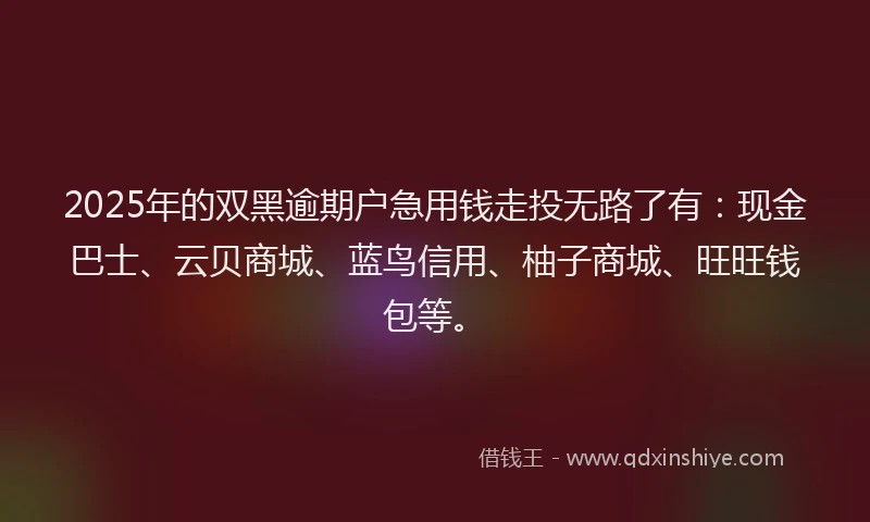 2025年的双黑逾期户急用钱走投无路了有：现金巴士、云贝商城、蓝鸟信用、柚子商城、旺旺钱包等。