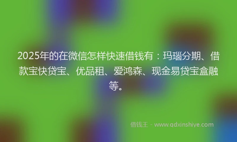 2025年的在微信怎样快速借钱有：玛瑙分期、借款宝快贷宝、优品租、爱鸿森、现金易贷宝盒融等。
