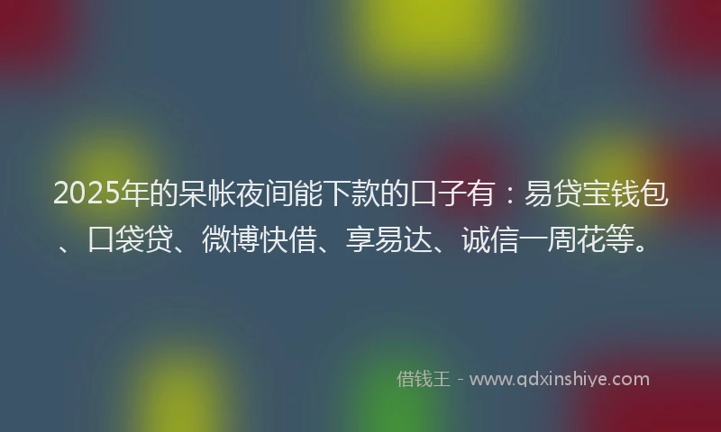 2025年的呆帐夜间能下款的口子有：易贷宝钱包、口袋贷、微博快借、享易达、诚信一周花等。