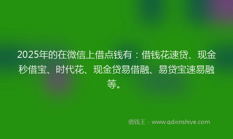 2025年的在微信上借点钱有：借钱花速贷、现金秒借宝、时代花、现金贷易借融、易贷宝速易融等。
