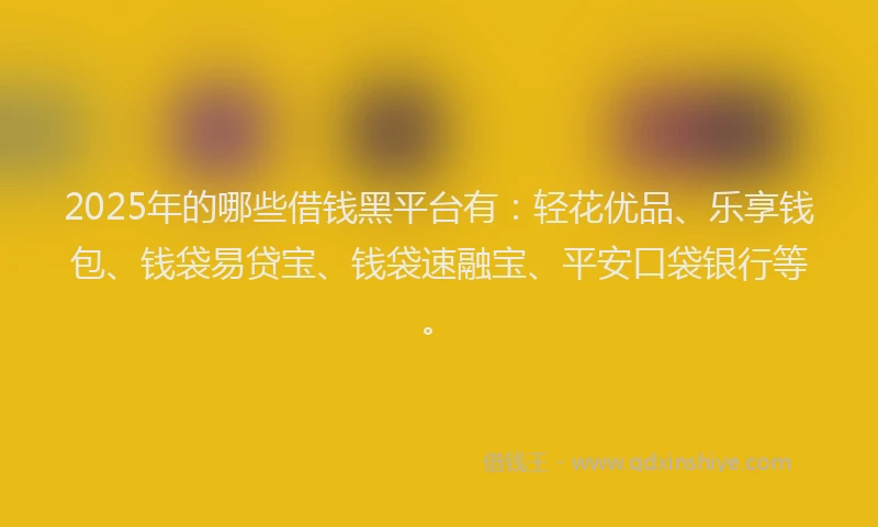 2025年的哪些借钱黑平台有：轻花优品、乐享钱包、钱袋易贷宝、钱袋速融宝、平安口袋银行等。