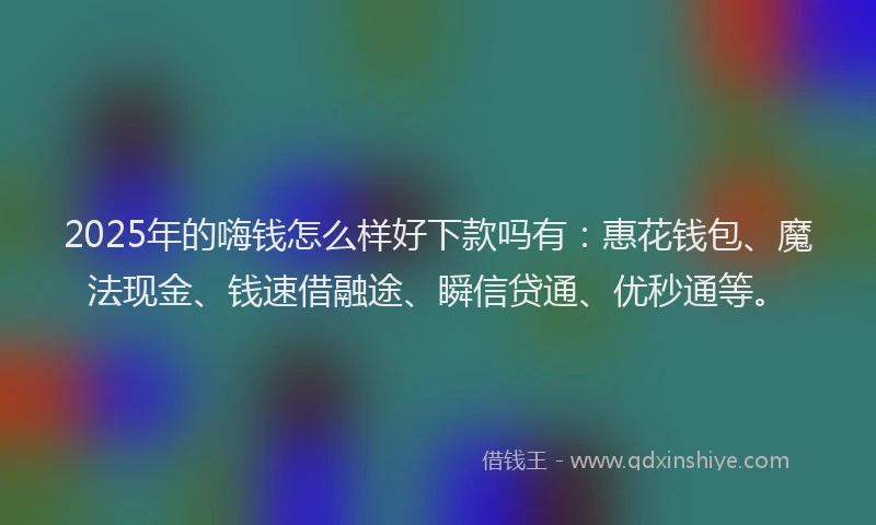 2025年的嗨钱怎么样好下款吗有：惠花钱包、魔法现金、钱速借融途、瞬信贷通、优秒通等。