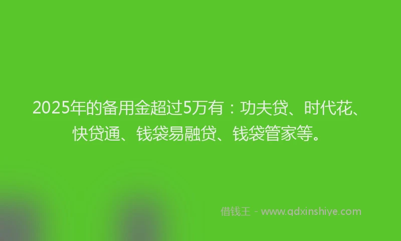 2025年的备用金超过5万有：功夫贷、时代花、快贷通、钱袋易融贷、钱袋管家等。