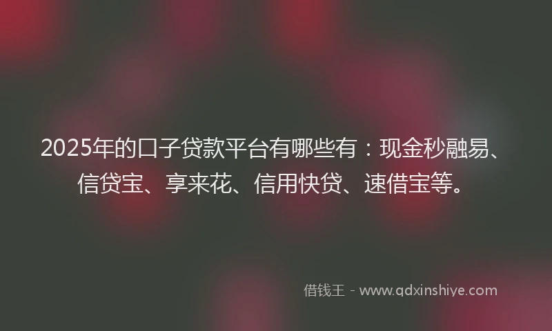 2025年的口子贷款平台有哪些有：现金秒融易、信贷宝、享来花、信用快贷、速借宝等。