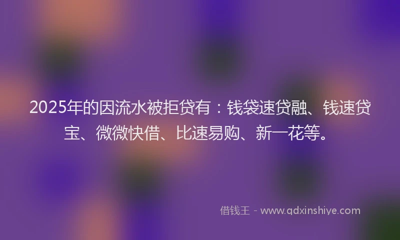2025年的因流水被拒贷有：钱袋速贷融、钱速贷宝、微微快借、比速易购、新一花等。