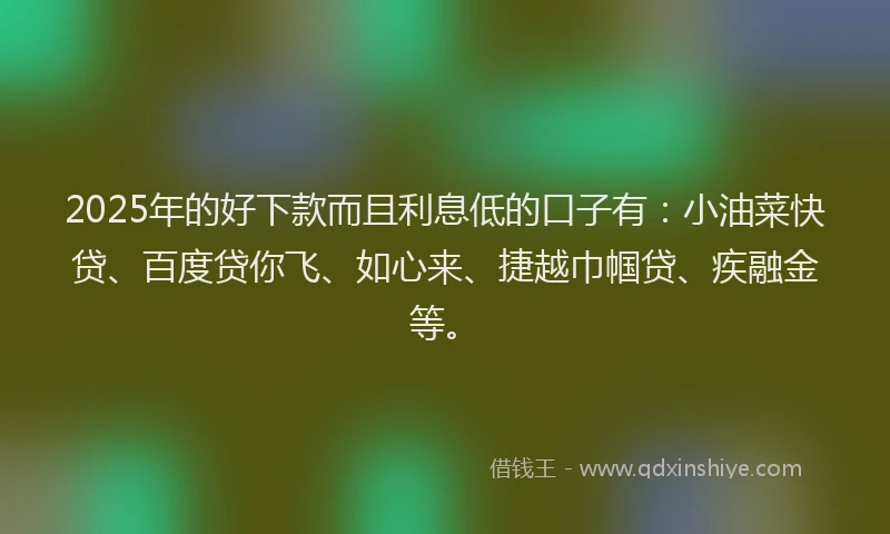 2025年的好下款而且利息低的口子有：小油菜快贷、百度贷你飞、如心来、捷越巾帼贷、疾融金等。