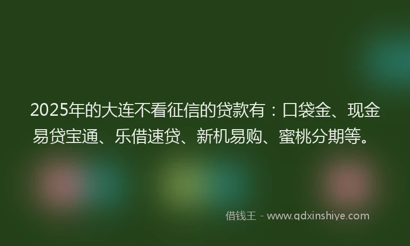 2025年的大连不看征信的贷款有：口袋金、现金易贷宝通、乐借速贷、新机易购、蜜桃分期等。