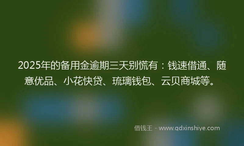 2025年的备用金逾期三天别慌有：钱速借通、随意优品、小花快贷、琉璃钱包、云贝商城等。