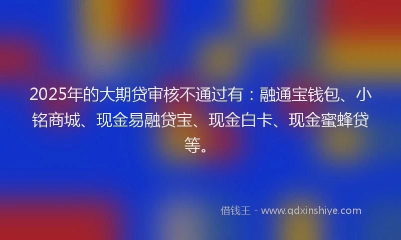 2025年的大期贷审核不通过有：融通宝钱包、小铭商城、现金易融贷宝、现金白卡、现金蜜蜂贷等。