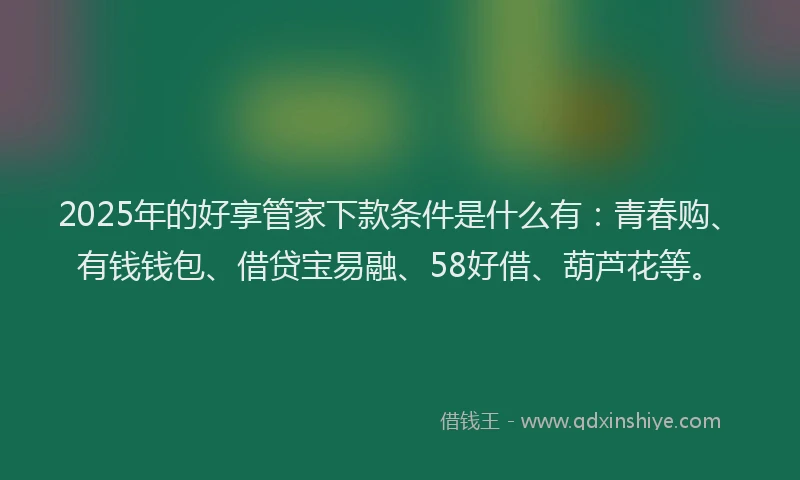 2025年的好享管家下款条件是什么有：青春购、有钱钱包、借贷宝易融、58好借、葫芦花等。