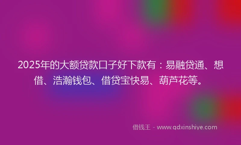 2025年的大额贷款口子好下款有：易融贷通、想借、浩瀚钱包、借贷宝快易、葫芦花等。