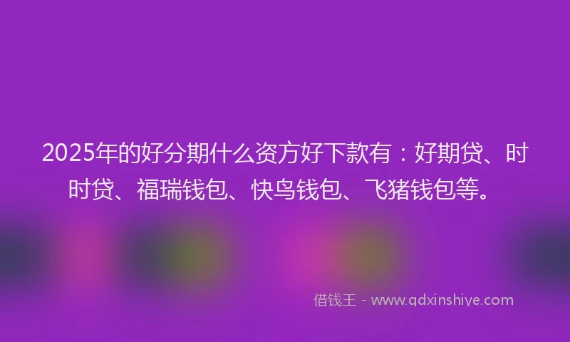 2025年的好分期什么资方好下款有：好期贷、时时贷、福瑞钱包、快鸟钱包、飞猪钱包等。