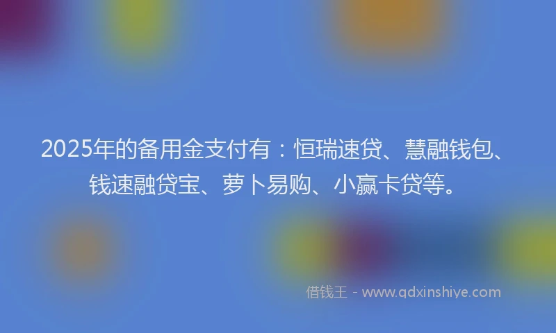 2025年的备用金支付有：恒瑞速贷、慧融钱包、钱速融贷宝、萝卜易购、小赢卡贷等。
