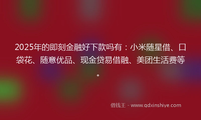 2025年的即刻金融好下款吗有：小米随星借、口袋花、随意优品、现金贷易借融、美团生活费等。
