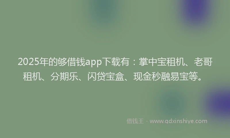 2025年的够借钱app下载有：掌中宝租机、老哥租机、分期乐、闪贷宝盒、现金秒融易宝等。