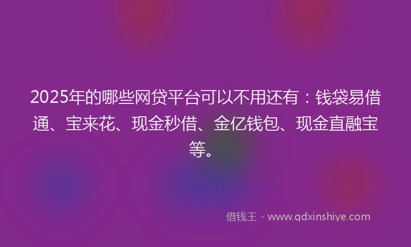 2025年的哪些网贷平台可以不用还有：钱袋易借通、宝来花、现金秒借、金亿钱包、现金直融宝等。