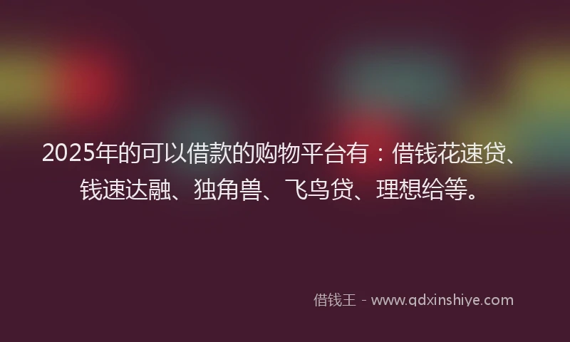 2025年的可以借款的购物平台有：借钱花速贷、钱速达融、独角兽、飞鸟贷、理想给等。