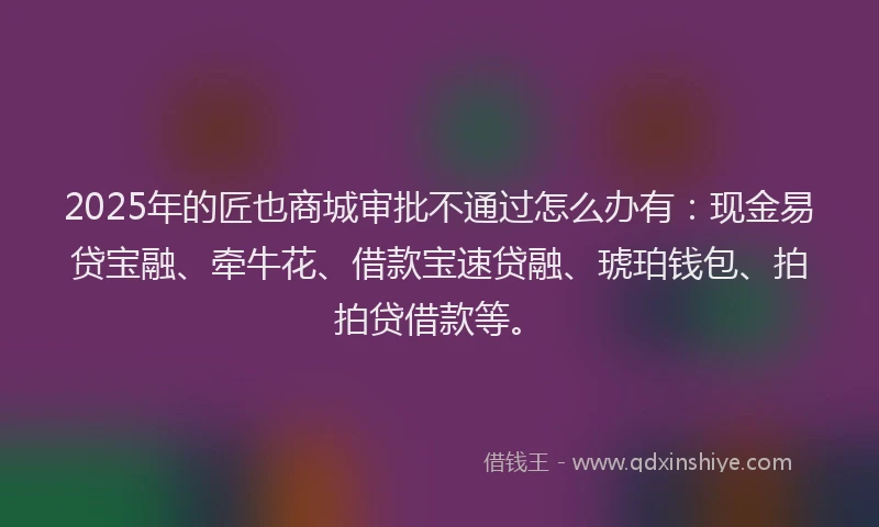 2025年的匠也商城审批不通过怎么办有：现金易贷宝融、牵牛花、借款宝速贷融、琥珀钱包、拍拍贷借款等。
