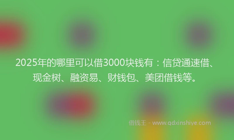 2025年的哪里可以借3000块钱有：信贷通速借、现金树、融资易、财钱包、美团借钱等。