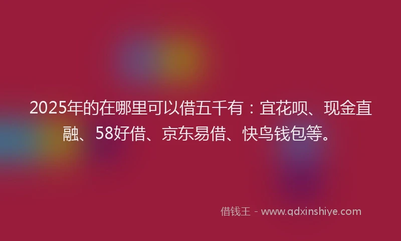 2025年的在哪里可以借五千有：宜花呗、现金直融、58好借、京东易借、快鸟钱包等。