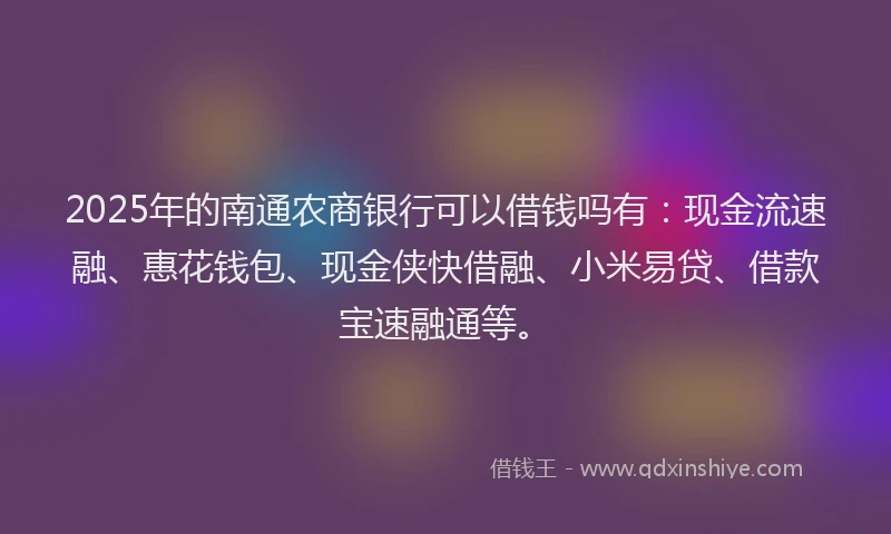 2025年的南通农商银行可以借钱吗有：现金流速融、惠花钱包、现金侠快借融、小米易贷、借款宝速融通等。