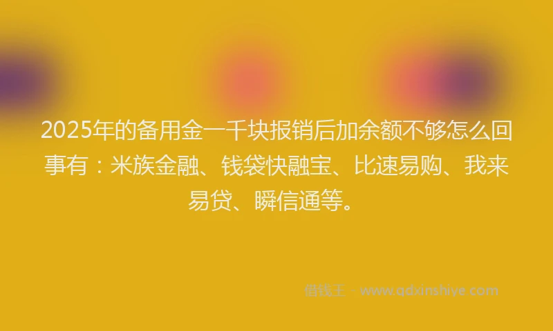 2025年的备用金一千块报销后加余额不够怎么回事有：米族金融、钱袋快融宝、比速易购、我来易贷、瞬信通等。