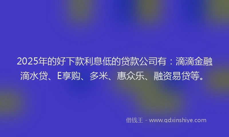 2025年的好下款利息低的贷款公司有：滴滴金融滴水贷、E享购、多米、惠众乐、融资易贷等。