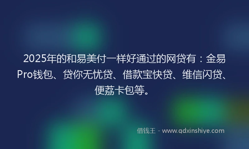 2025年的和易美付一样好通过的网贷有：金易Pro钱包、贷你无忧贷、借款宝快贷、维信闪贷、便荔卡包等。