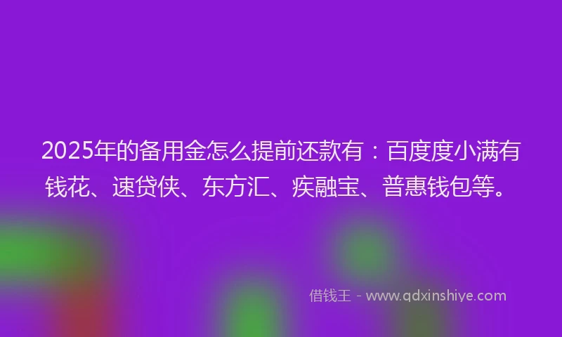 2025年的备用金怎么提前还款有：百度度小满有钱花、速贷侠、东方汇、疾融宝、普惠钱包等。