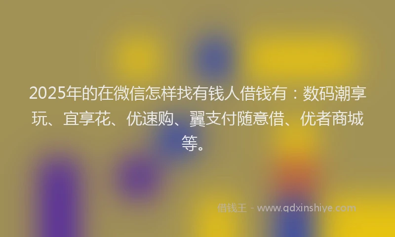 2025年的在微信怎样找有钱人借钱有：数码潮享玩、宜享花、优速购、翼支付随意借、优者商城等。