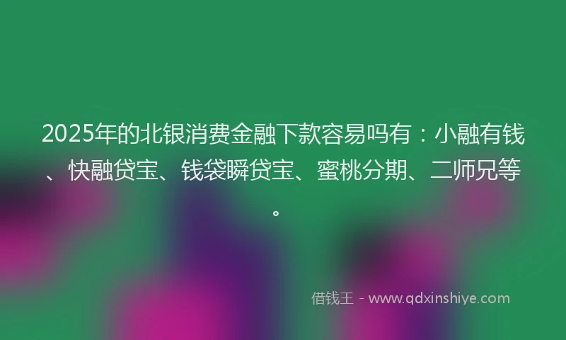 2025年的北银消费金融下款容易吗有：小融有钱、快融贷宝、钱袋瞬贷宝、蜜桃分期、二师兄等。