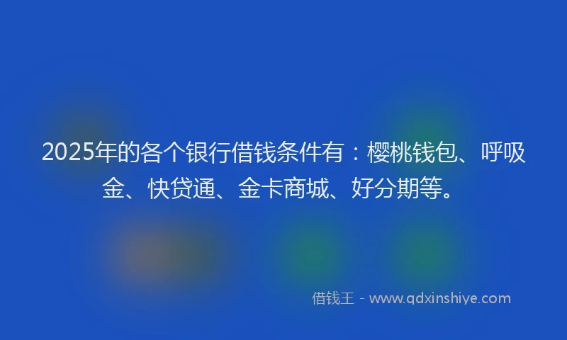 2025年的各个银行借钱条件有：樱桃钱包、呼吸金、快贷通、金卡商城、好分期等。