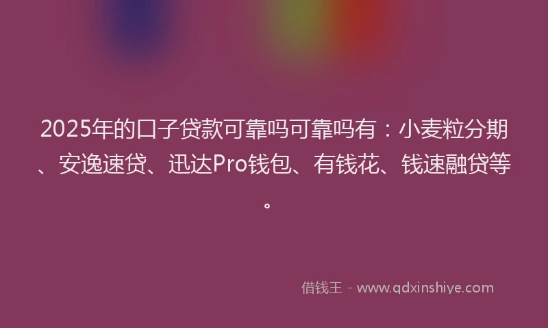 2025年的口子贷款可靠吗可靠吗有：小麦粒分期、安逸速贷、迅达Pro钱包、有钱花、钱速融贷等。