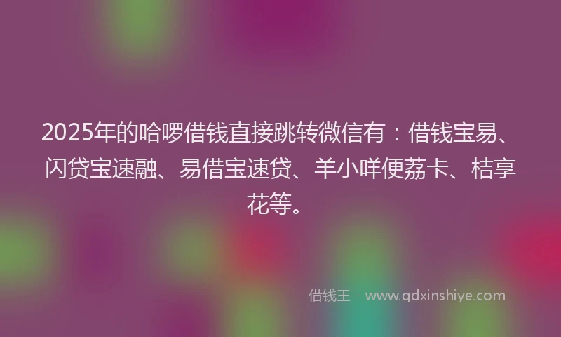 2025年的哈啰借钱直接跳转微信有：借钱宝易、闪贷宝速融、易借宝速贷、羊小咩便荔卡、桔享花等。