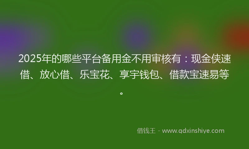 2025年的哪些平台备用金不用审核有：现金侠速借、放心借、乐宝花、享宇钱包、借款宝速易等。
