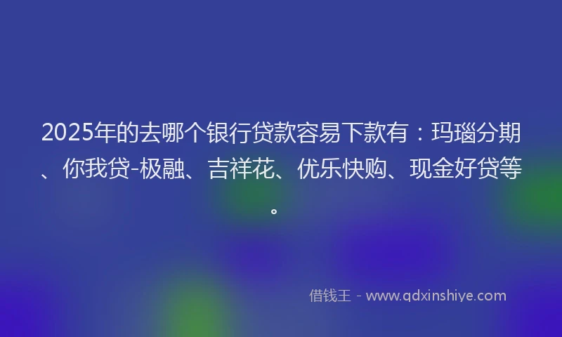 2025年的去哪个银行贷款容易下款有：玛瑙分期、你我贷-极融、吉祥花、优乐快购、现金好贷等。
