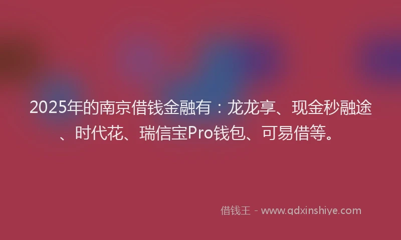 2025年的南京借钱金融有：龙龙享、现金秒融途、时代花、瑞信宝Pro钱包、可易借等。