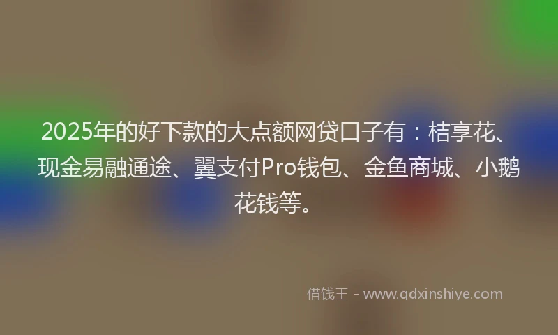 2025年的好下款的大点额网贷口子有：桔享花、现金易融通途、翼支付Pro钱包、金鱼商城、小鹅花钱等。