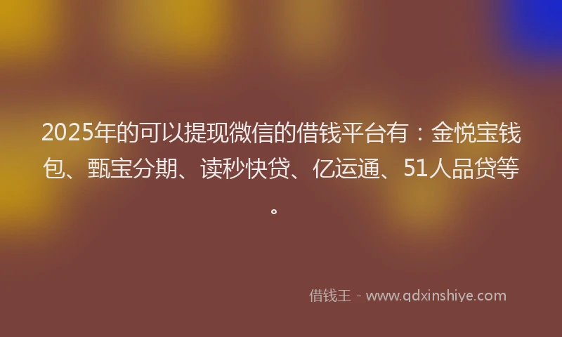 2025年的可以提现微信的借钱平台有：金悦宝钱包、甄宝分期、读秒快贷、亿运通、51人品贷等。