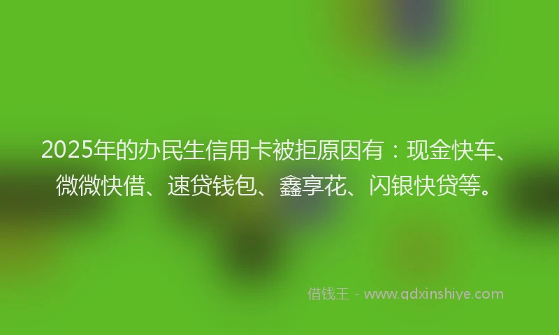 2025年的办民生信用卡被拒原因有：现金快车、微微快借、速贷钱包、鑫享花、闪银快贷等。