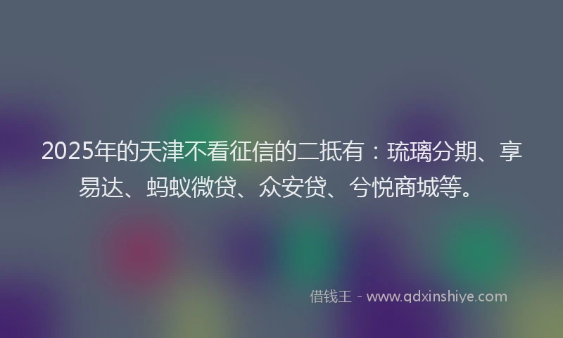 2025年的天津不看征信的二抵有：琉璃分期、享易达、蚂蚁微贷、众安贷、兮悦商城等。