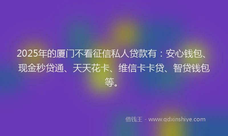 2025年的厦门不看征信私人贷款有：安心钱包、现金秒贷通、天天花卡、维信卡卡贷、智贷钱包等。