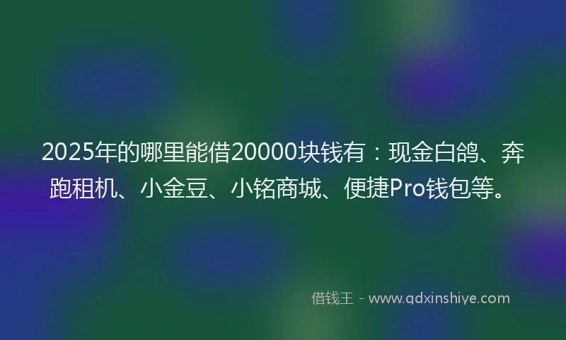 2025年的哪里能借20000块钱有：现金白鸽、奔跑租机、小金豆、小铭商城、便捷Pro钱包等。