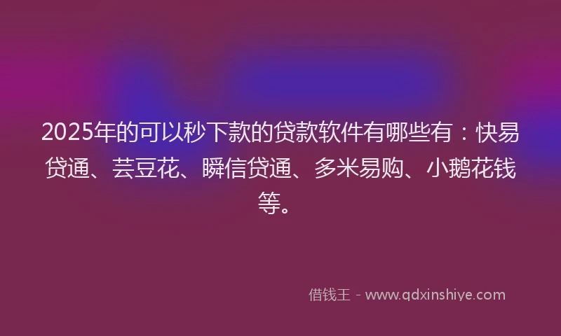 2025年的可以秒下款的贷款软件有哪些有：快易贷通、芸豆花、瞬信贷通、多米易购、小鹅花钱等。