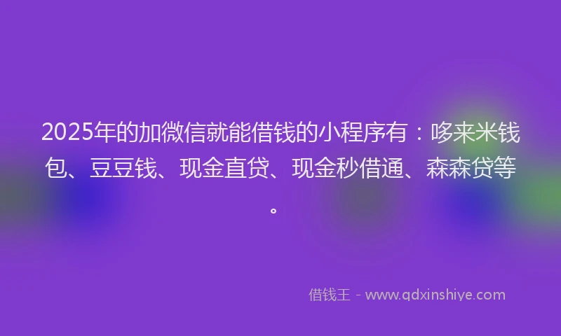 2025年的加微信就能借钱的小程序有：哆来米钱包、豆豆钱、现金直贷、现金秒借通、森森贷等。