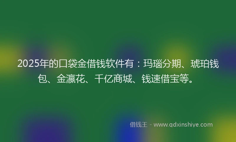 2025年的口袋金借钱软件有：玛瑙分期、琥珀钱包、金瀛花、千亿商城、钱速借宝等。