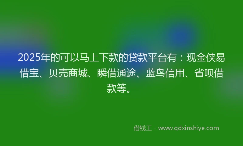 2025年的可以马上下款的贷款平台有：现金侠易借宝、贝壳商城、瞬借通途、蓝鸟信用、省呗借款等。