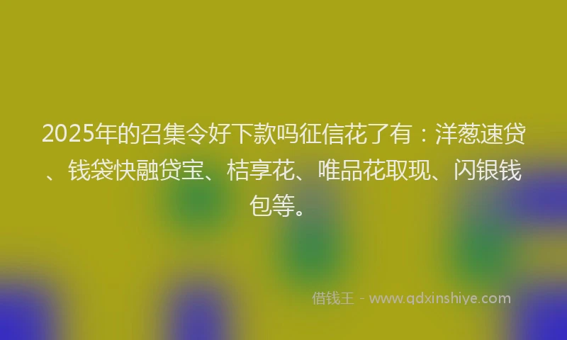 2025年的召集令好下款吗征信花了有：洋葱速贷、钱袋快融贷宝、桔享花、唯品花取现、闪银钱包等。