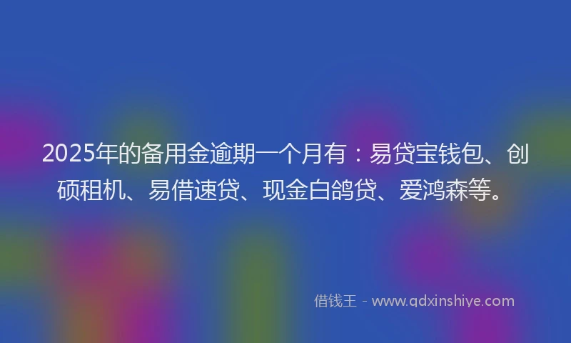 2025年的备用金逾期一个月有：易贷宝钱包、创硕租机、易借速贷、现金白鸽贷、爱鸿森等。